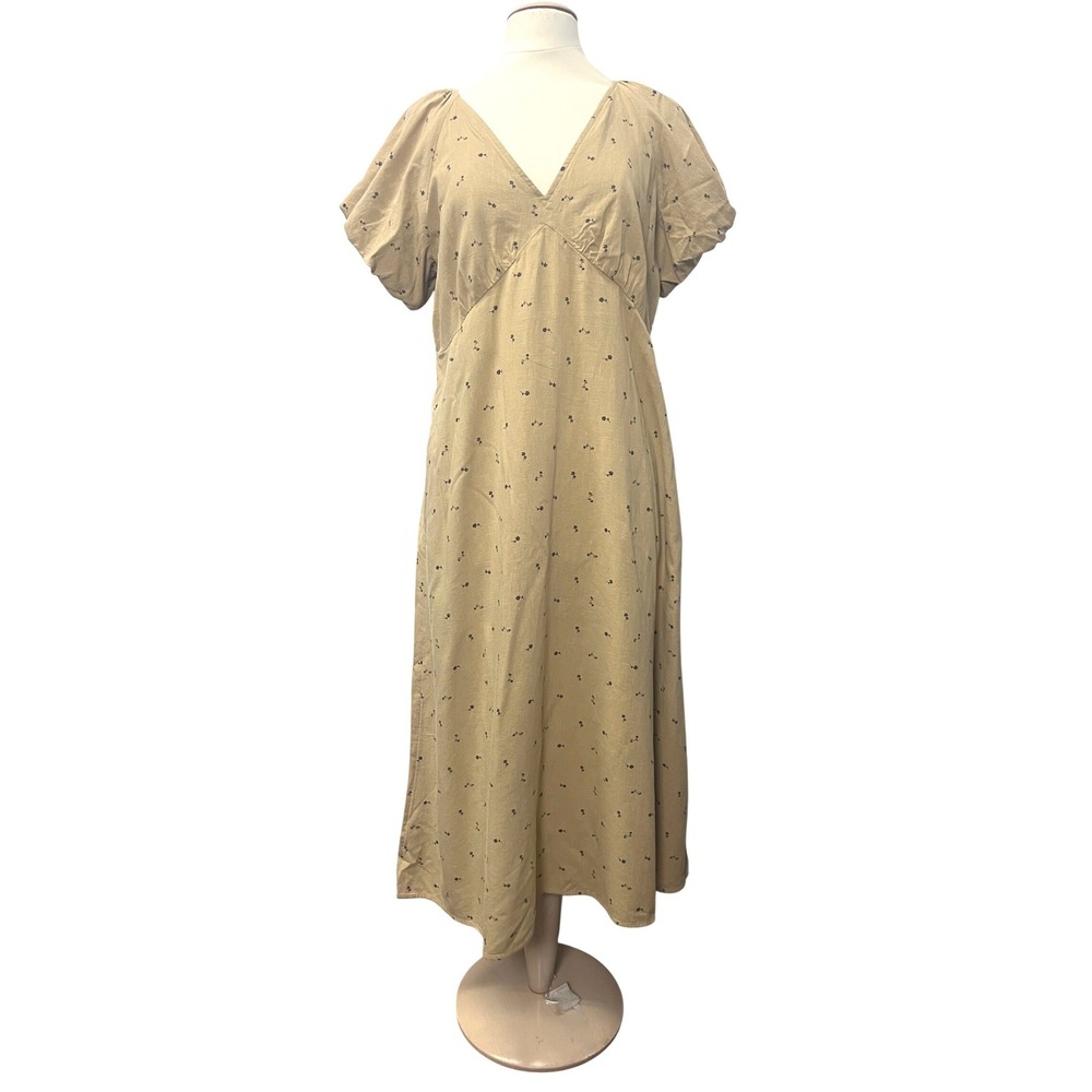 Khaki Tan Floral Puff Sleeve Midi Dress L Babydoll Cottage Boho Hipster Granola